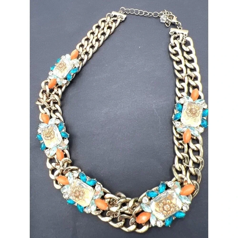 Double Chain Chunky‎ Rhinestones Necklace Orange Teal Gold Tone Biker Babe Funky